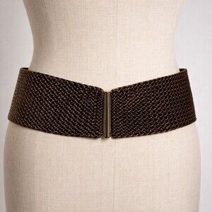 Vintage Very Wide Woven Leather statement Belt Women brown gold buckle